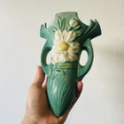 Vtg Roseville Pottery White Peony Green Wall Pocket Handles; #1293-8" Excellent