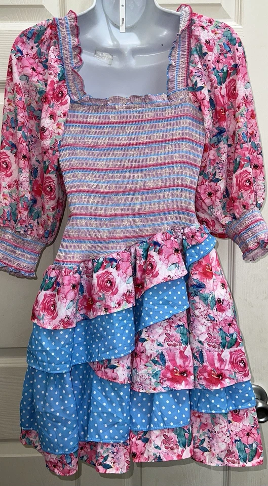 Vestido Vintage HAZEL & OLA VE Moody Vino Calado Volantes Rosa Azul Floral Foto 3 de 4