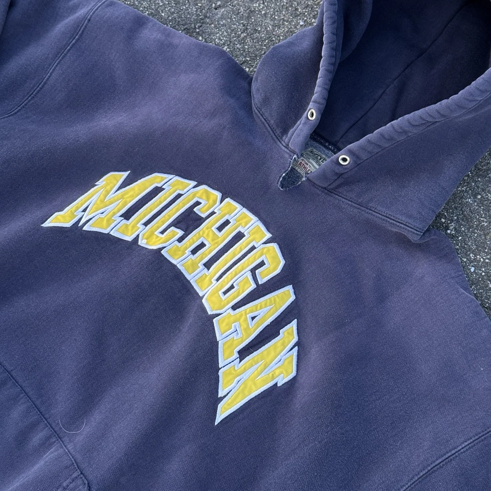 Vintage Michigan Reverse Weave Sweatshirt Hoody Sun Faded Navy Mens XL 90s USA - Image 2 of 4