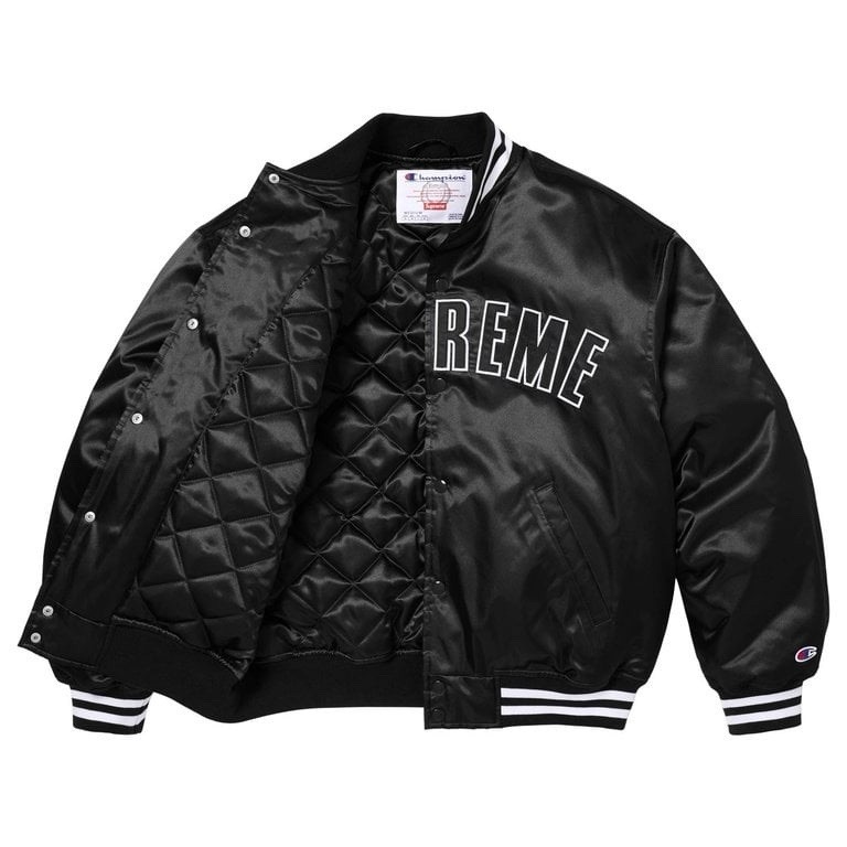 Supreme®/Champion® Satin Varsity Jacket SS26 Black Bomber Men’s Size Large NWT image 2