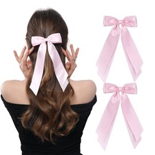 2 PCS Double Layer Hair Bows Pink Hair Ribbon Clips Ponytail Holder Accessori...