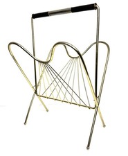 Vintage MCM Gold Magazine Rack/ Record Holder Wooden Handle 15x12