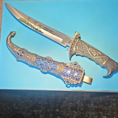 Stainless Steel Fixed Blade Dagger Clip Point Full Tang w/ Ornate Sheath 1980