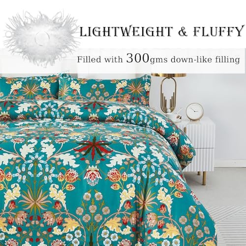 Teal Blue Floral Queen Comforter Set, Bohemian Luxury Pattern Quilt with - Picture 3 of 6