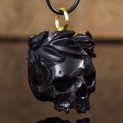 Carved Horn Human Skull Pendant Gold Vermeil Sterling Silver Memento Mori 26.40g