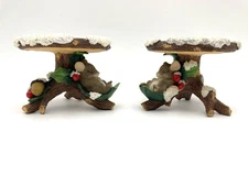 Fitz & Floyd Charming Tails Pillar Candle Holders Pair Xmas Mice Holly Daydreams