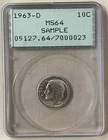 1963 Roosevelt Dime PCGS MS64 Sample Slab Early PCGS Promo Rattler Holder Silver