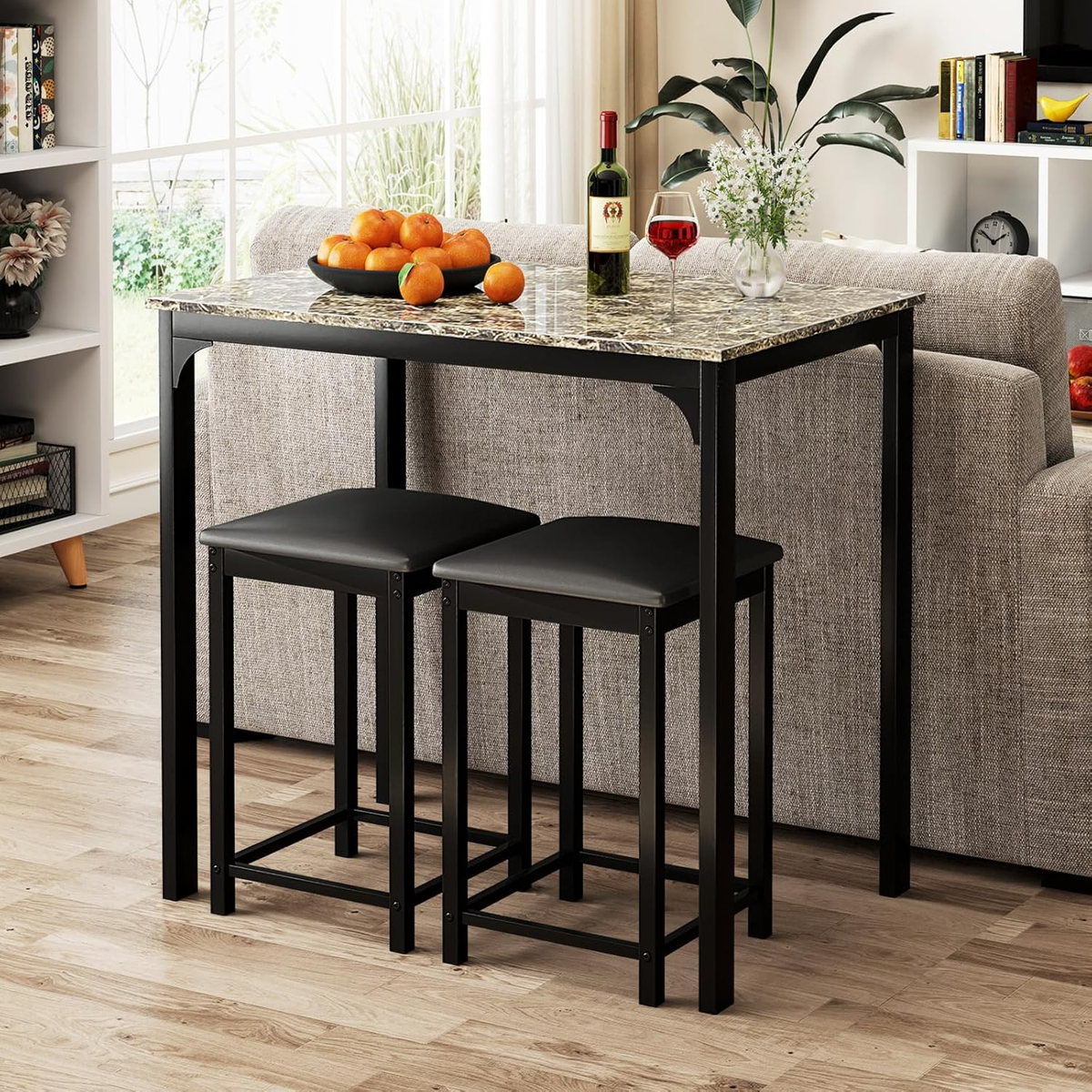 Compact 3-Piece Dining Set for 2 with Counter Height Table & Bar