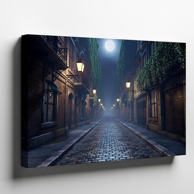 Dense Fog Envelops The Dimly Lit Street, Where The Cobblestones Glisten Wall Art