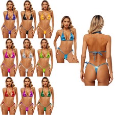 Women Lingerie Shiny Set Unlined Bra Wireless Swimwear 2-Piece Thong G-String