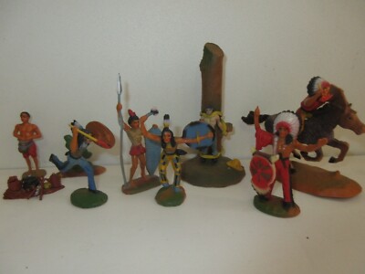 Lot De 7 Figurines Indiens Clairet - Plastique Peint - Échelle 1:32 (60mm) - Bon état
