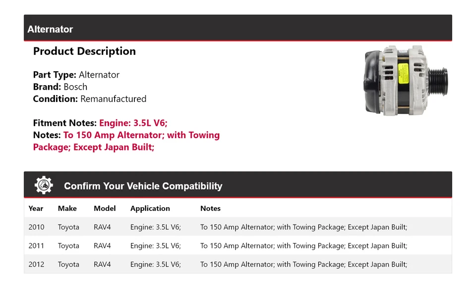 Alternador Bosch para Toyota RAV4 2010-2012 3,5 L V6 (remanufacturado) 2011 Foto 2 de 4