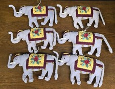 6 Elephant Holiday Ornaments Bells  Wool With Hand Sewn Embellishments 7" Long