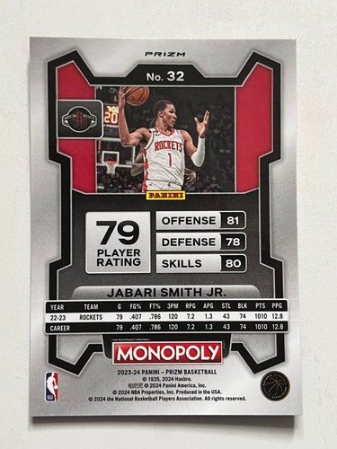 Tarjeta de baloncesto de la NBA Panini Prizm Monopoly Jabari Smith Jr. #32 roja Prizm 2023-24 - Imagen 2 de 2