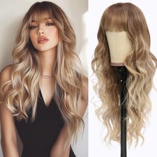 Long Ombre Blonde Wavy Wig with Bangs for White Women Dirty Blonde Natural Look