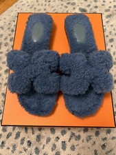 Hermes Oran Blue Woolskin Fleece Sandals 36.5