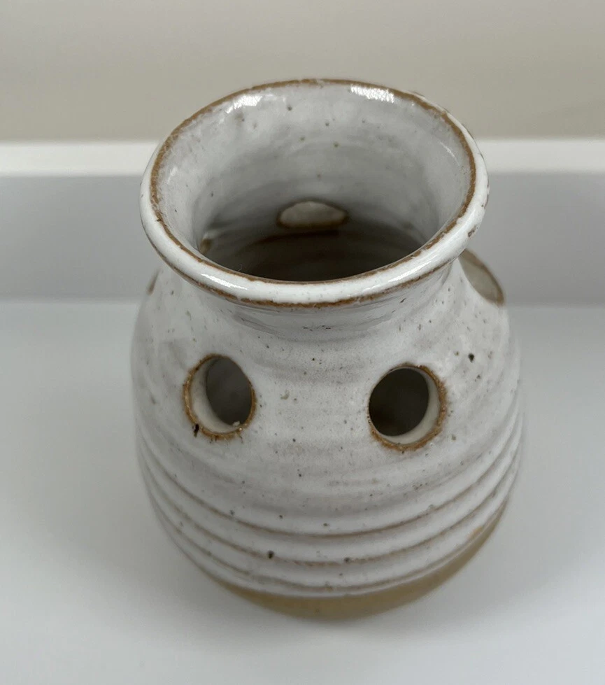 3.5 inch Handmade Stoneware Part Glazed White Brown Vase Holes For Stems