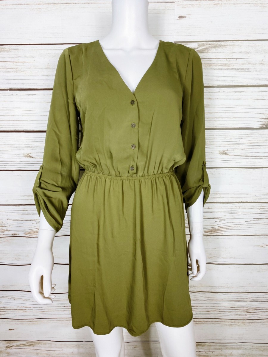 Forever 21 Womens Dress Sz M Green V-Neck Buttons Elastic Waist Roll Tab  Sleeve