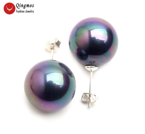 16mm Round Black Sea Shell Pearl Earring for Women Jewelry Silver Stud Earring - 第 1/6 張圖片