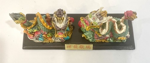 Coppia statue bestia drago fortunato fengshui intagliato resina cinese antica 6" - Foto 2 di 10