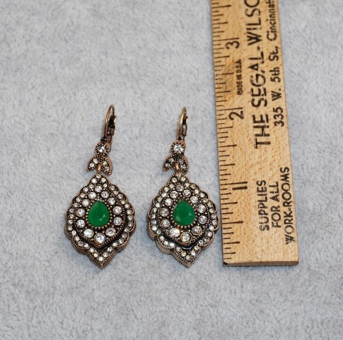Fashion Drop Copper Earrings TUR Signed Green Glass Teardrop Clear Rhinestones - Picture 8 of 8