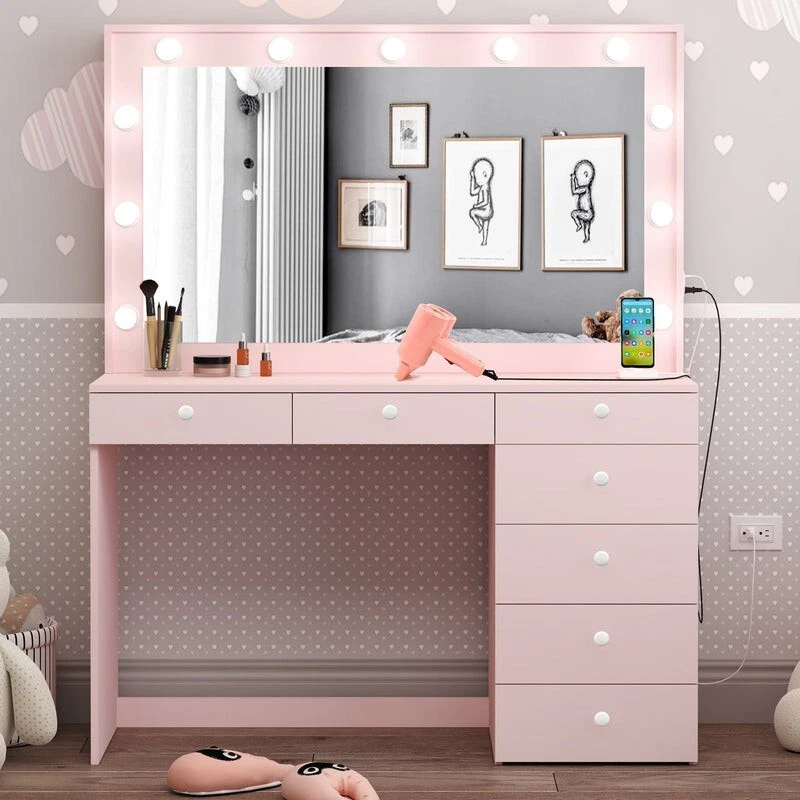 Modern Vanity Dressing Table, Mirror, Light Bulbs, 7 Drawers, Basic Knobs, Pink - Image 2 of 4