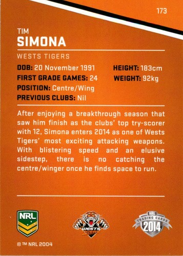 2014 WESTS TIGERS NRL Card DAVID NOFOALUMA TIM SIMONA Error Black Parallel - Picture 2 of 2