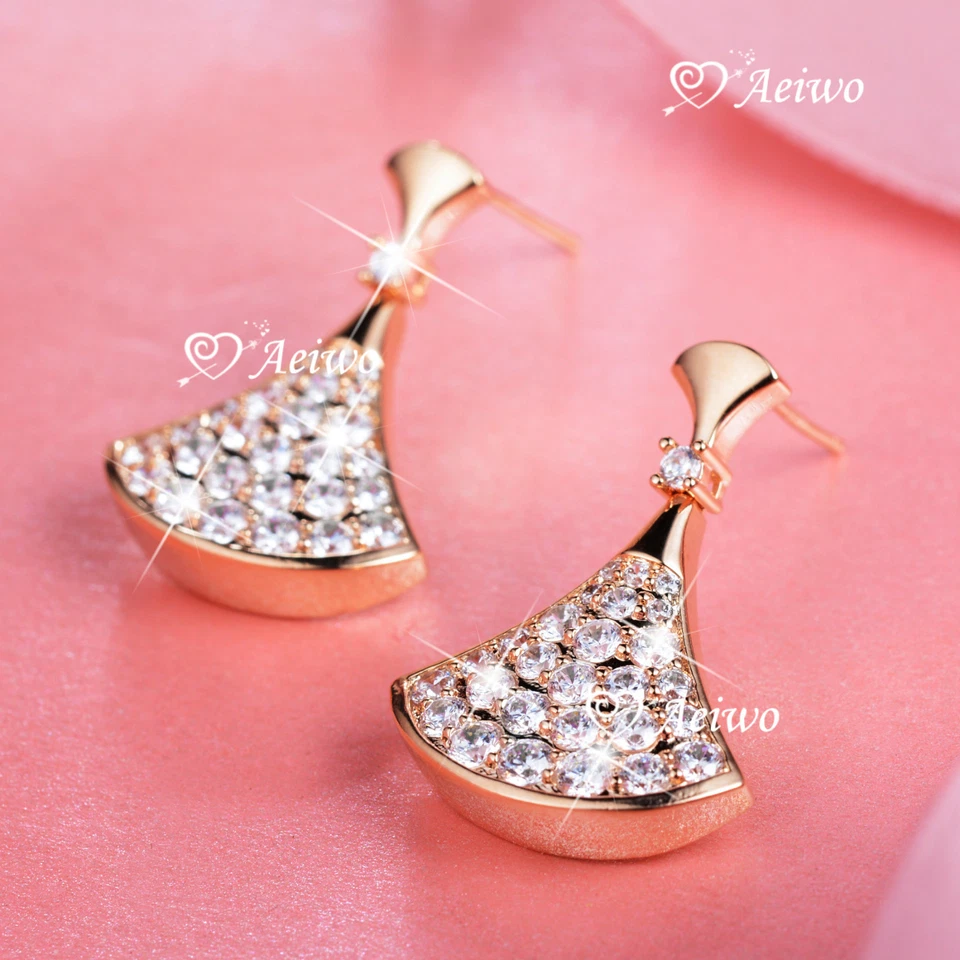 18k rose gold crystal GINKGO LEAF stud dangle fan shaped earrings Foto 2 de 2