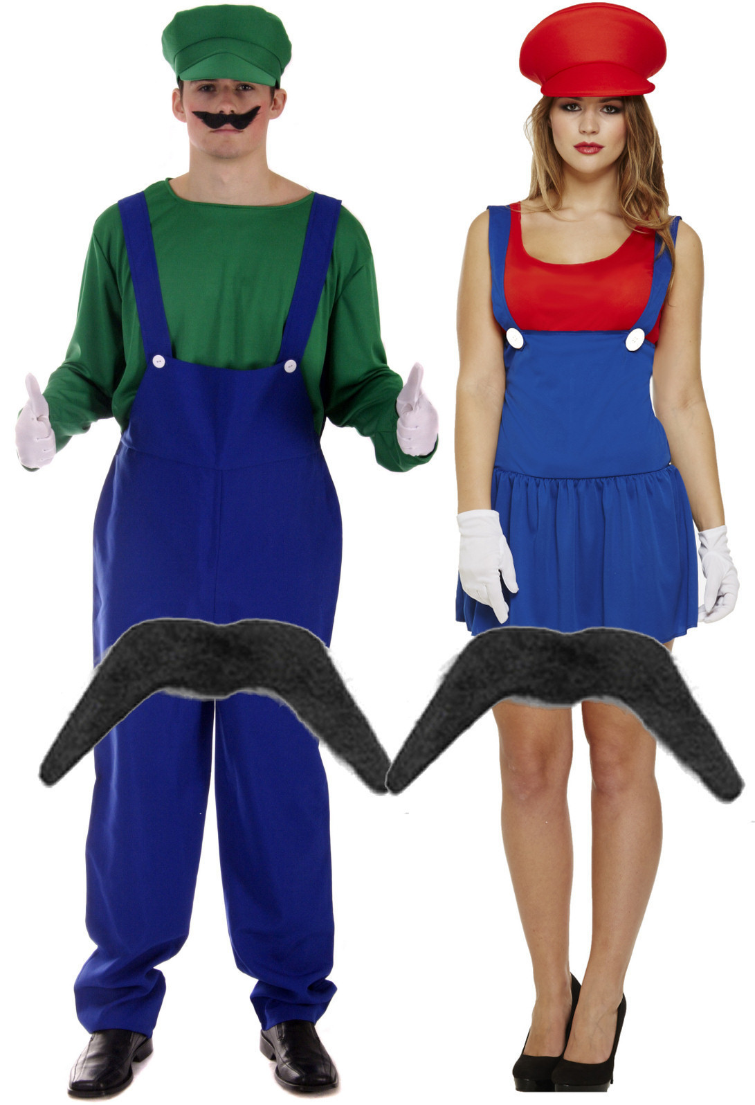 Mens Luigi + Ladies Mario Couples 80s Plumber Fancy Dress Costume + Moustache