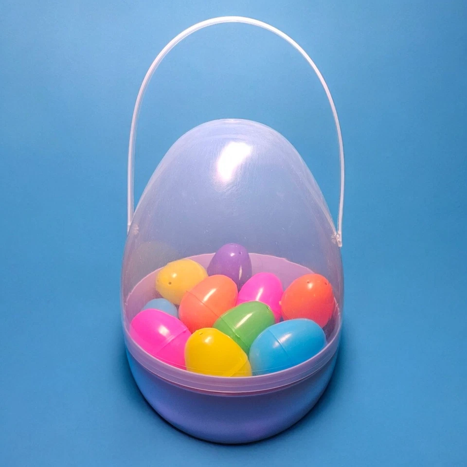 Cesta de Pascua de plástico verde/medio transparente de 9,8 pulgadas y 24 huevos de Pascua arco iris brillantes Foto 4 de 4