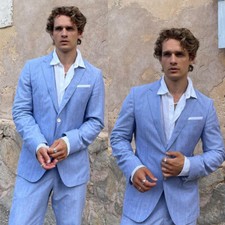 Summer Linen Suits for Men's Single Breasted Wedding Best Groom Party 2 Pieces