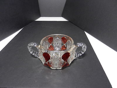 Ohio Flint Glass Krys-Tol Gloria Open Sugar Bowl Clear Ruby Stain 4'' D ca1905