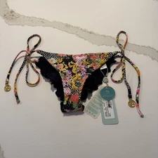 Luli Fama Reversible Forever Yours Ruched Back Tie Side Bikini Bottom Sz S Small