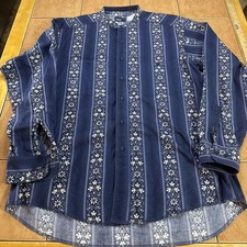 Wrangler X Long Tails Button Shirt Sz 16.5 35 Blue Floral Leaves Western Cowboy