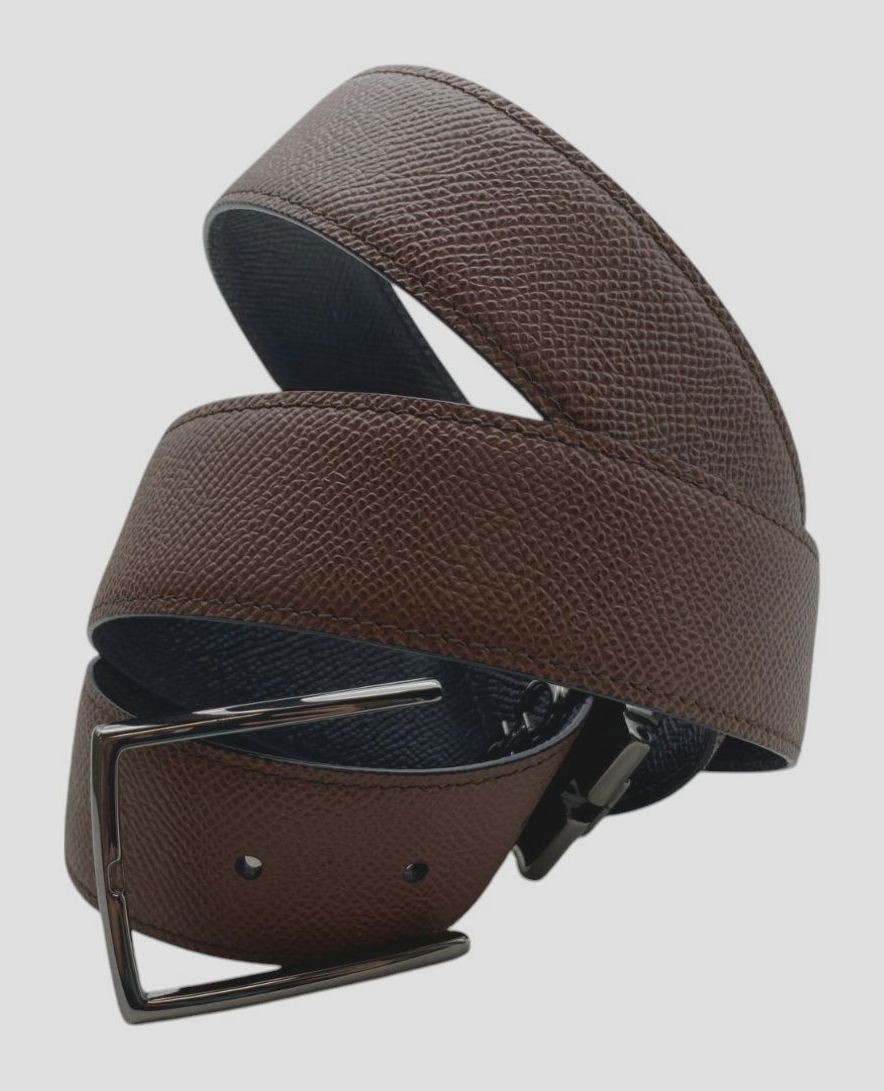 Ferragamo Men's Brown Black Gancini Keeper Buckle Pebble Leather Belt Size  40