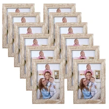 4x6 Distressed Beige White Photo Frames Set of 12, Rustic Wood Grain Display