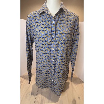 J.McLaughlin Womens Pineapple Print Button Down Shirt Blue Yellow Cotton Size M