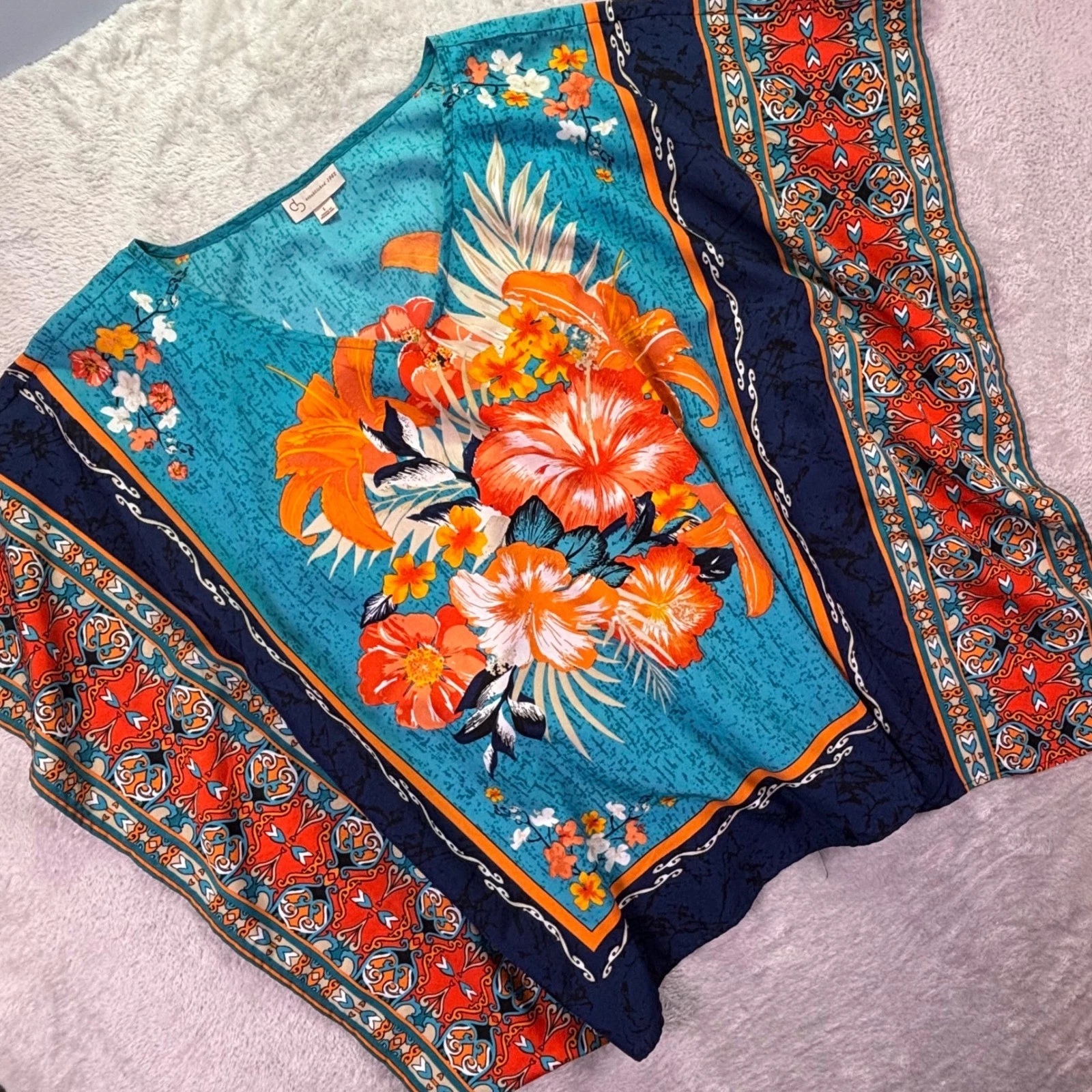 Dressbarn Women Kaftan Top Sz Large Teal Orange Floral V-Neck Poncho Blouse