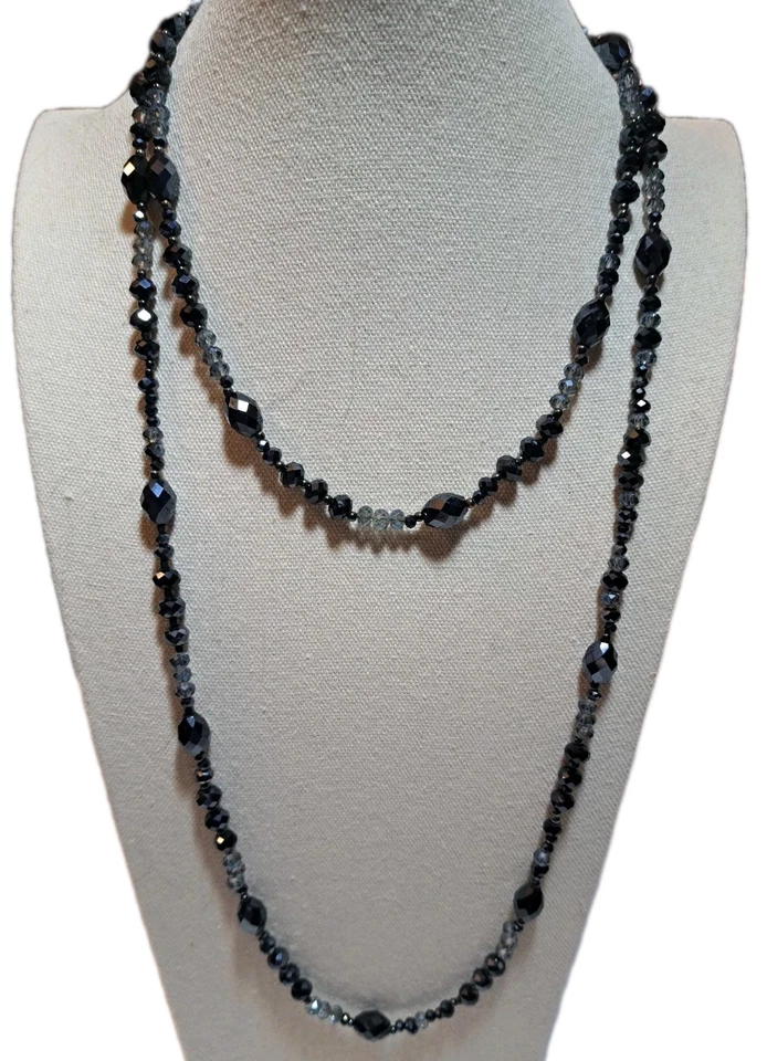 Vtg Chico's AB Midnight Black/Clear Glass Beads Long Necklace Brilliant Sparkle  - Image 2 of 4
