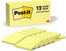 Post-it Notes, 3 x 3 in, The Iconic Canary Yellow Note, 12 Lined Pads | School S