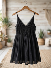 HY FVE Sleeveless Mini Dress M Black Cotton Boho V-Neck Sundress Gown Babydoll