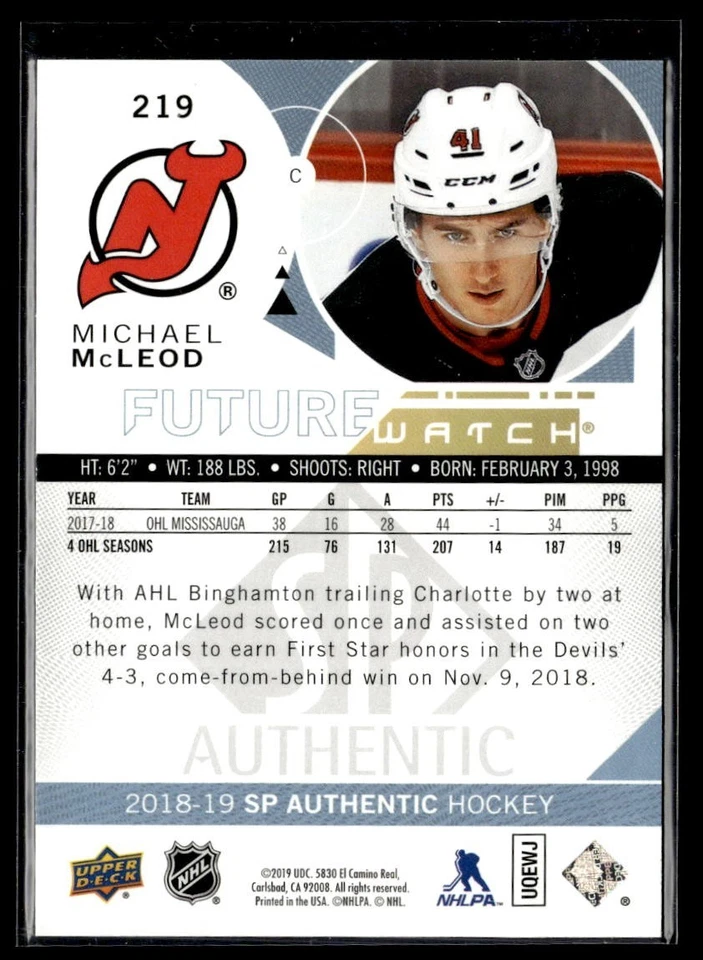 2018-19 Upper Deck SP Authentic Hockey Future Watch #219 Michael McLeod /999 RC - Image 2 of 2