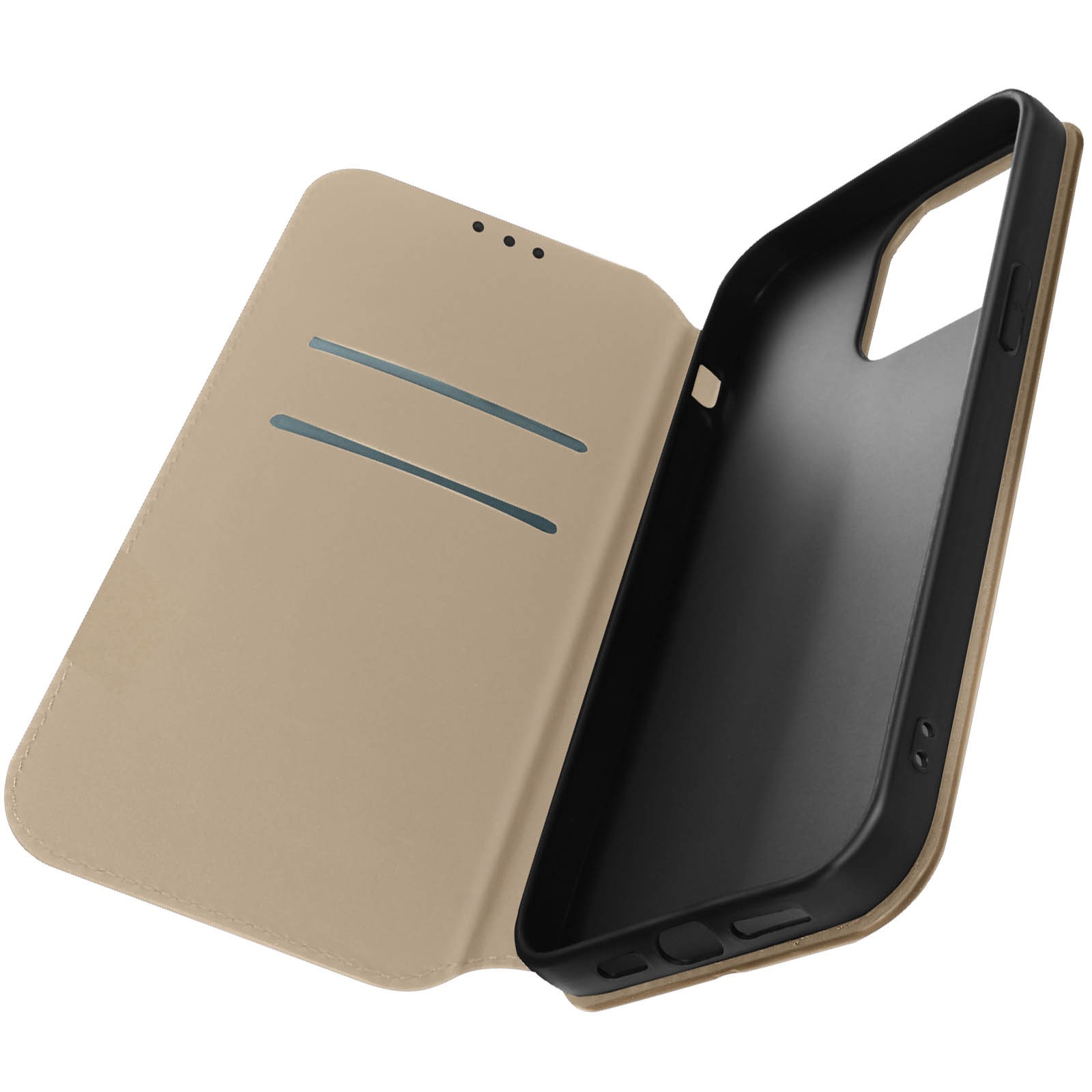 Coque iPhone 14 Pro avec porte-carte et support vidéo doré chics