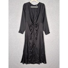Whimsigoth Satin Maxi Dress Large Black Flowy Plunge Twist Knot Witchy Victorian