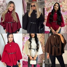 Ladies Women's Jacket Belted Poncho Cape Coat Jumper Winter Top 8-14