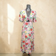 Floral Linen Maxi Dress Puff Sleeve Cutout Wrap Cottagecore Prairie Large Party