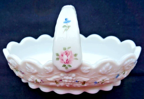 Vintage Westmoreland White Milk Glass Basket Split Handle Roses Hand Painted