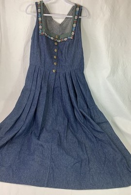 German  Austrian Button Front Jumper Dress Size L Blue  Embroidered Octoberfest