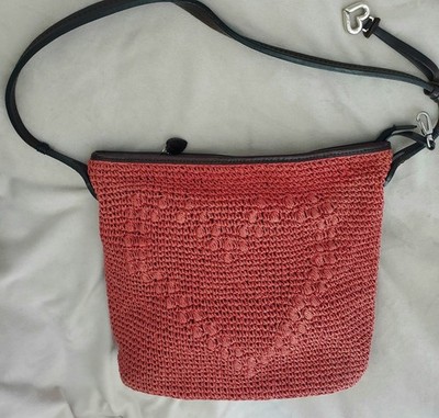 BRIGHTON Spring Heart Red Straw Leather Shoulder Bag Purse Handbag Raffia Tote