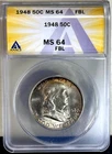 1948 Franklin SILVER Half ANACS MS64 FBL Nicely TONED!